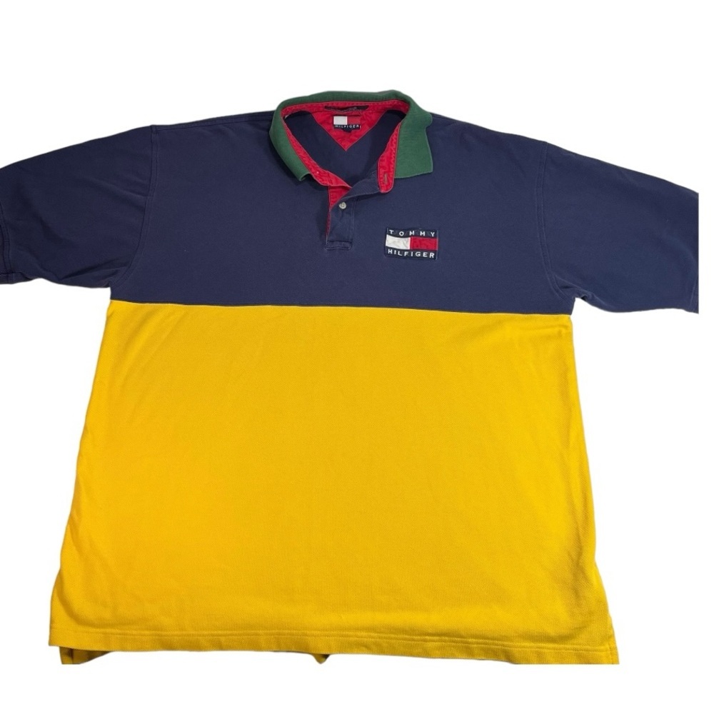 Vintage 90s Y2K Tommy Hilfiger Flag Color Block Polo Shirt Blue Green XXL  2xL